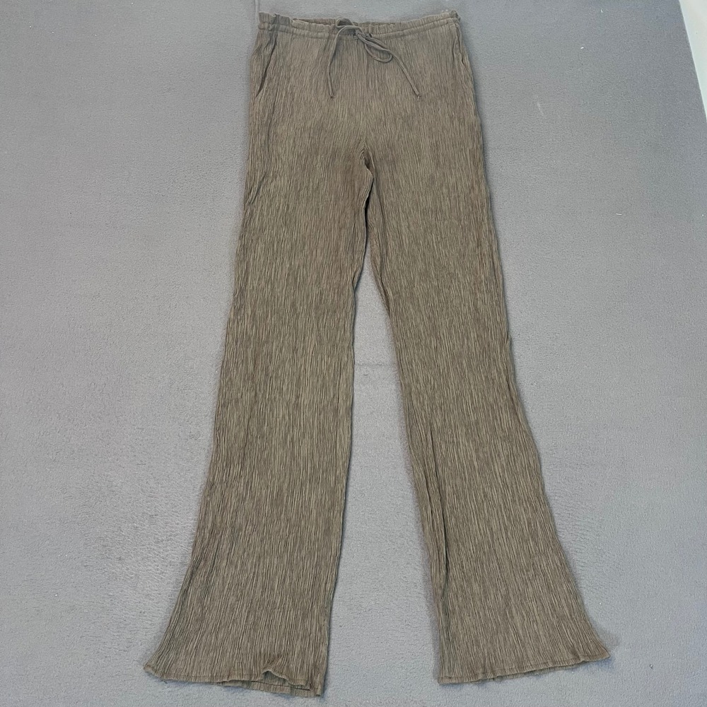 Zara Womens Textured Wide Leg Pants Olive Brown Drawstring Elastic Small Palazzo